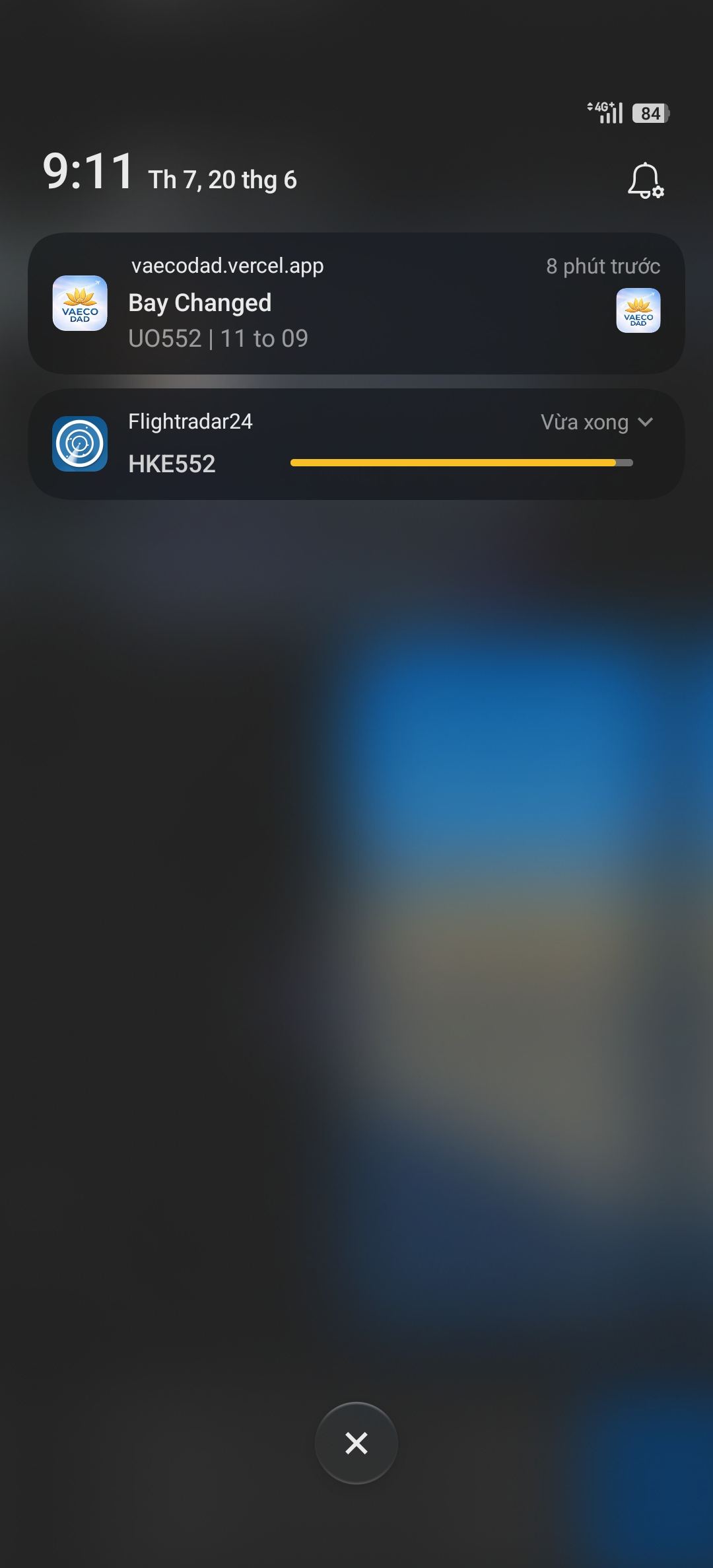 VAECO Hub bay change notification screen.