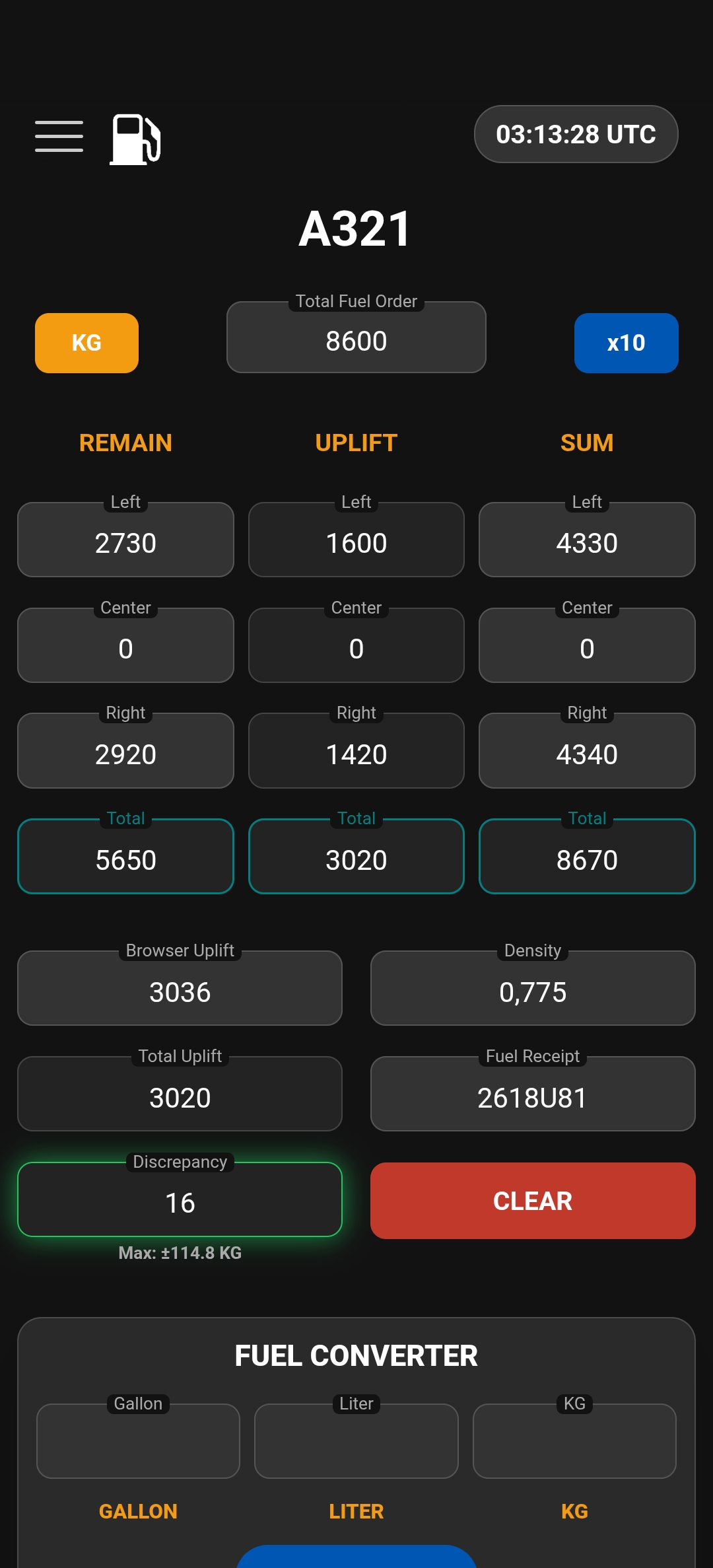 VAECO Hub A321 fuel calculation screen.