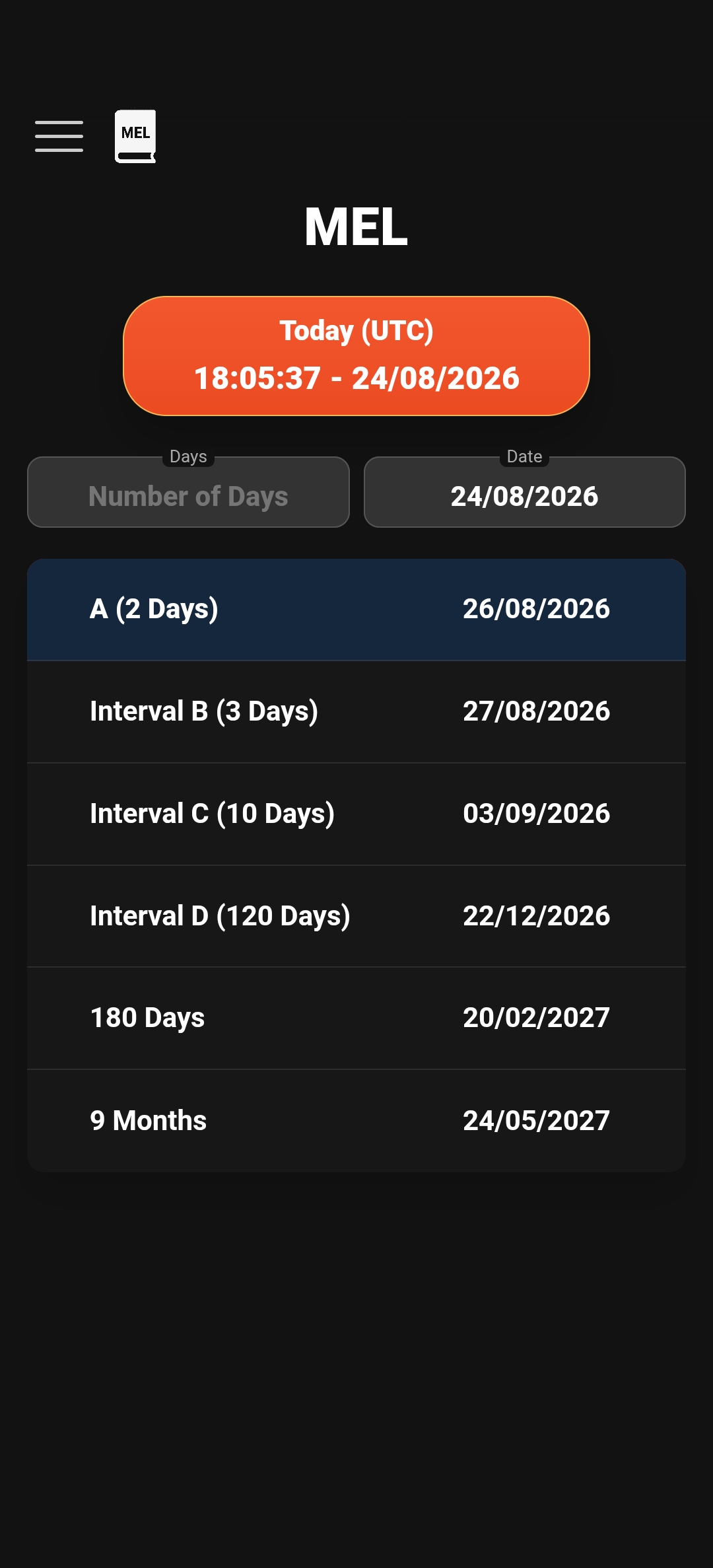 VAECO Hub MEL interval calculator screen.