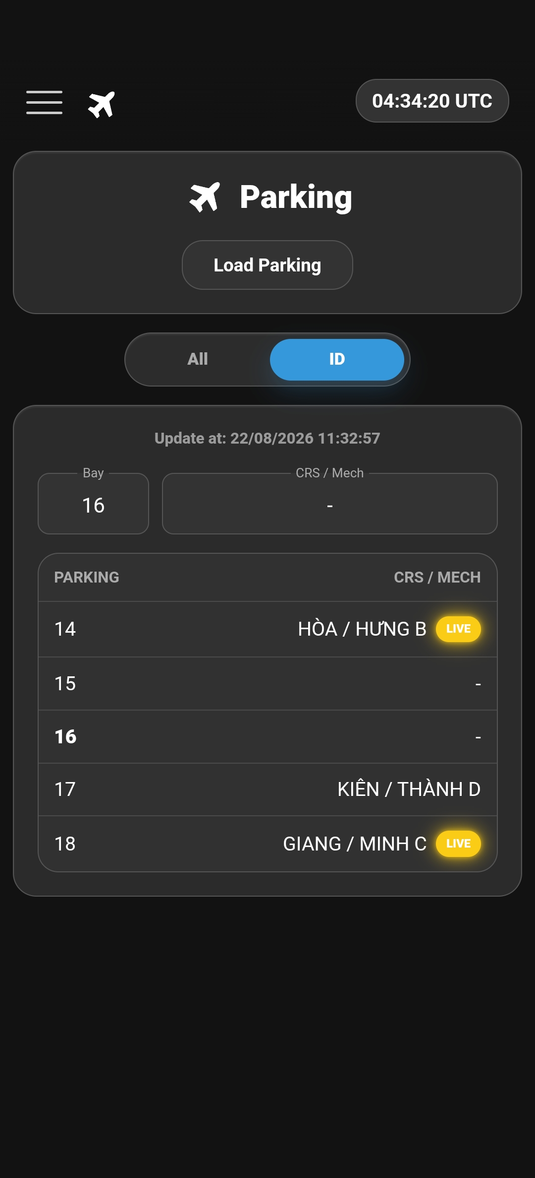 VAECO Hub parking lookup by aircraft ID screen.