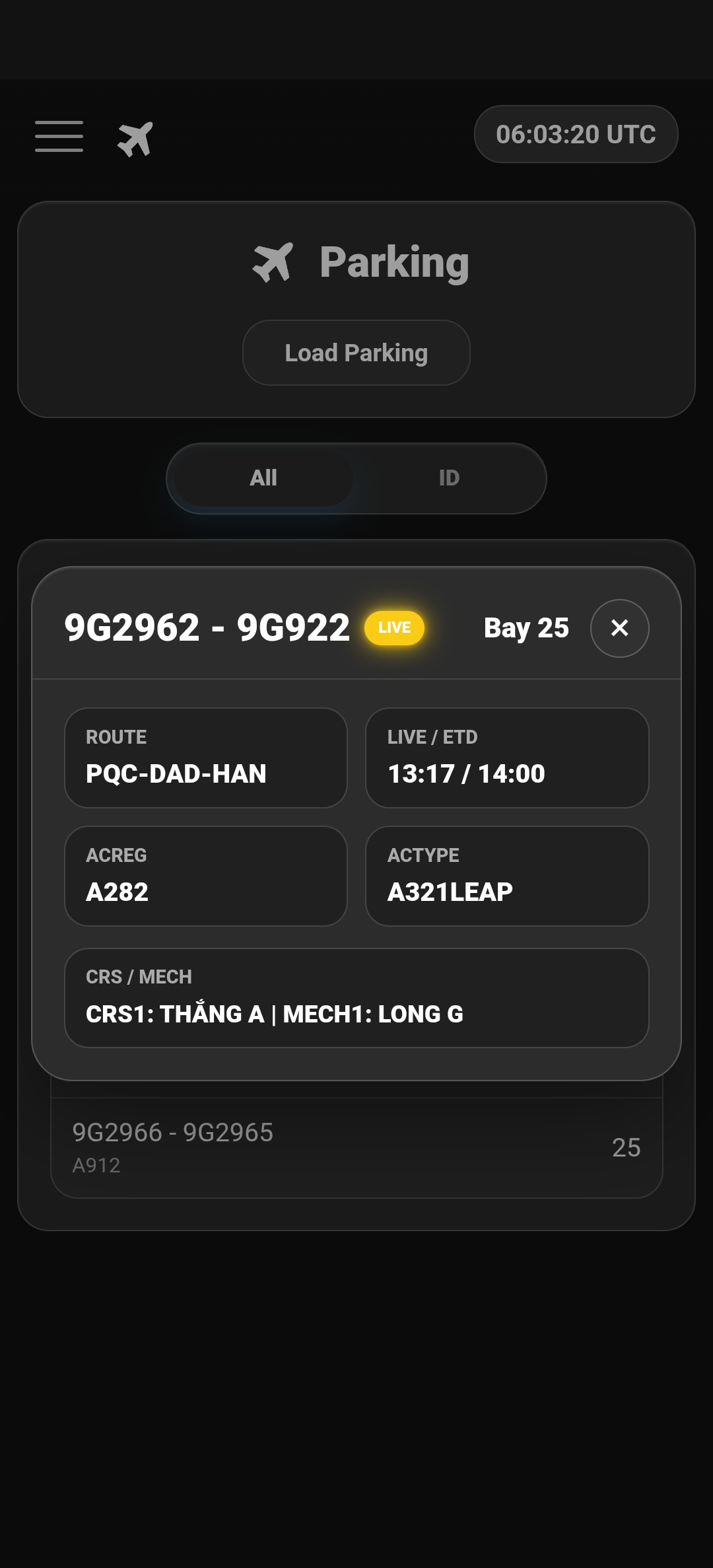 VAECO Hub parking assignment overview screen.