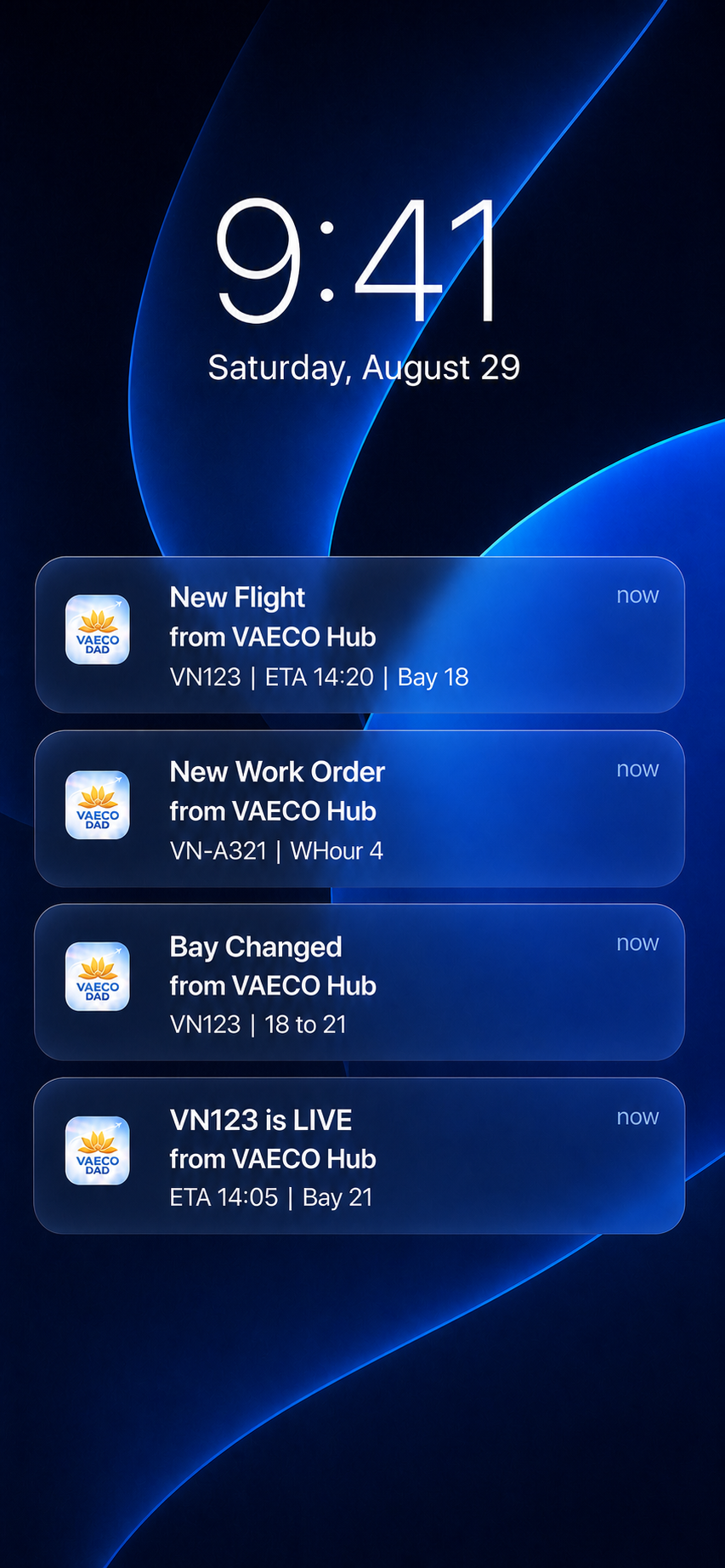 VAECO Hub push notifications for flight assignments, work orders, bay changes and live flight status.