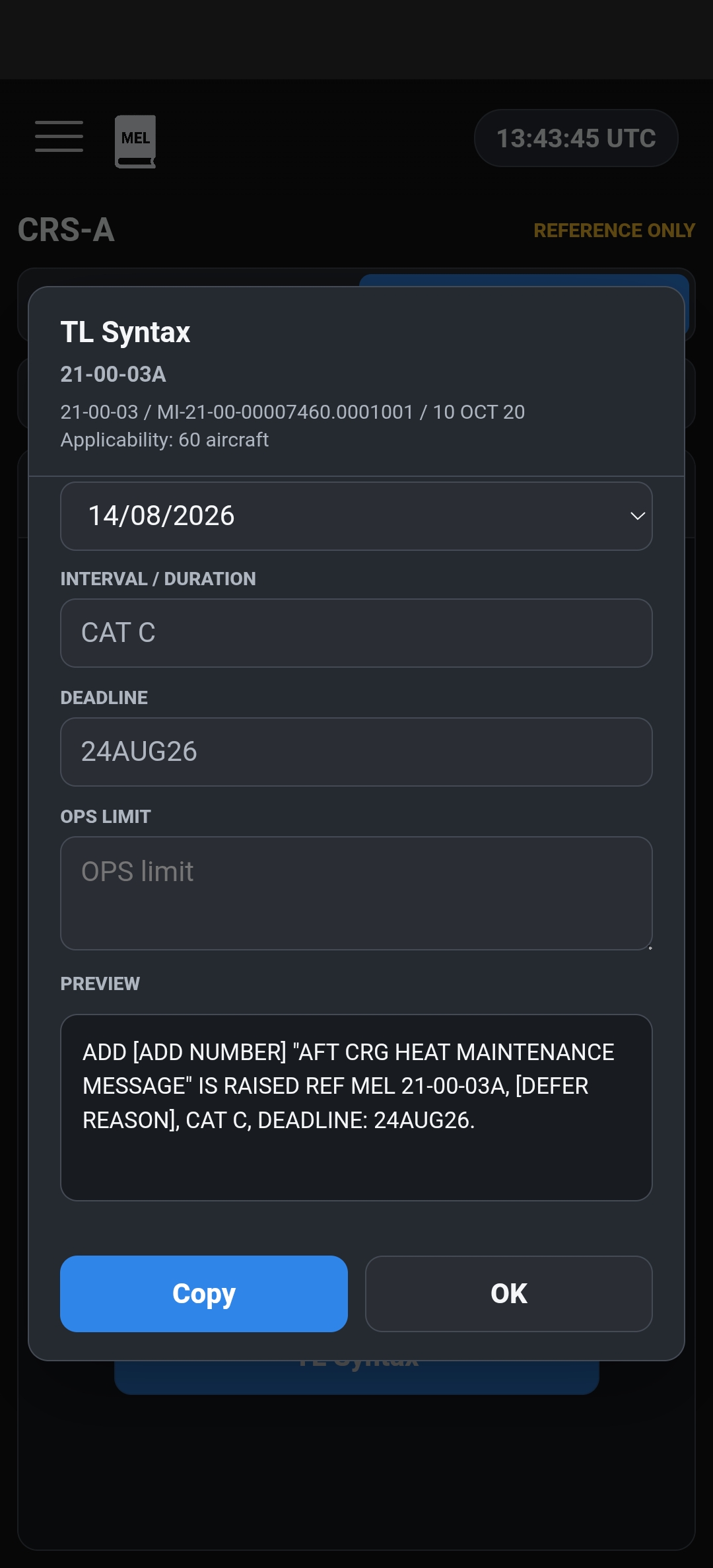 VAECO Hub technical log syntax reference screen.